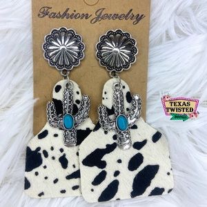 Cow Print Leather Cowhide Ear Tag Cactus w/Turquoise Stone Western Drop Earrings